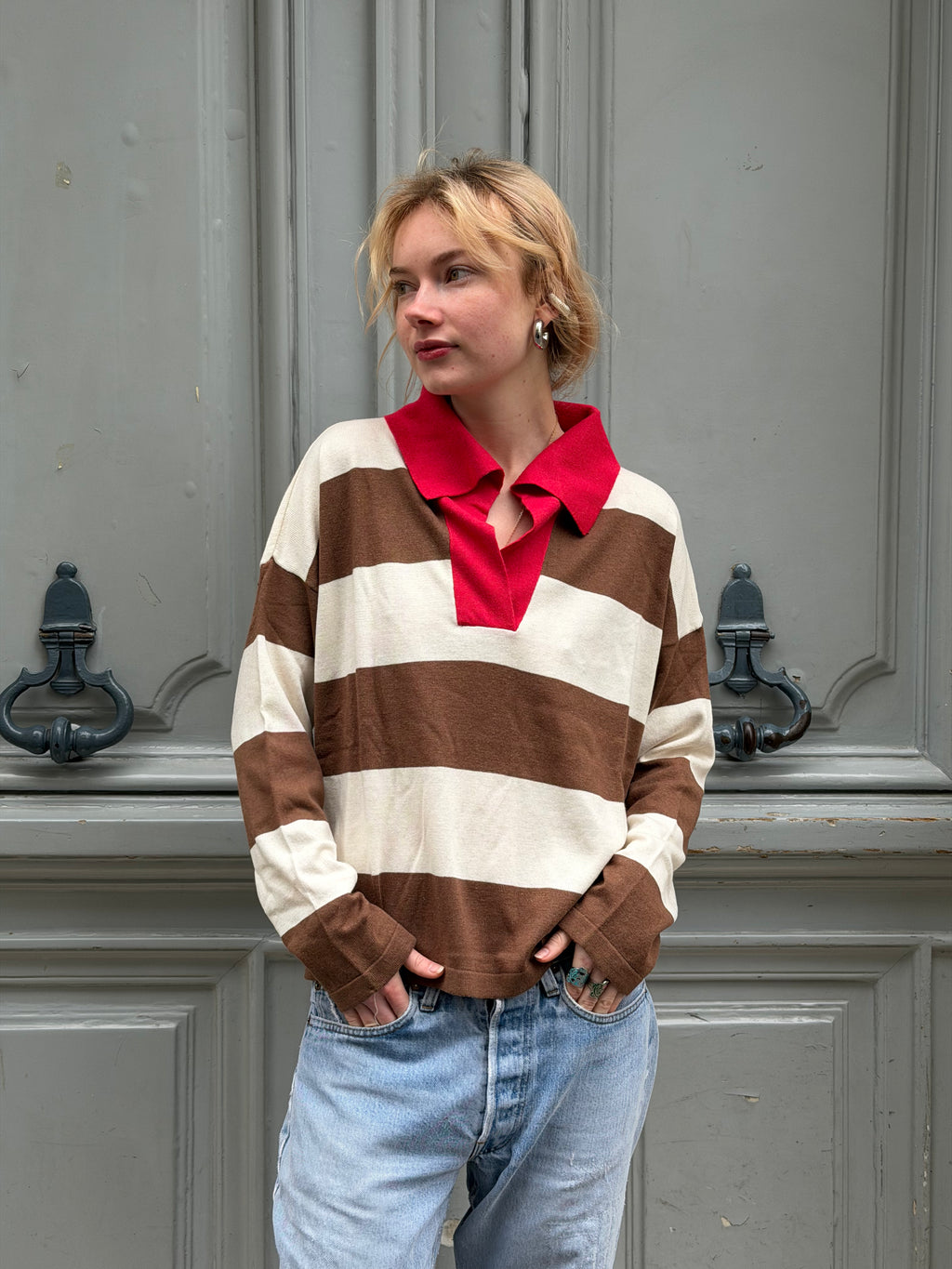 Polo rayé marron et blanc