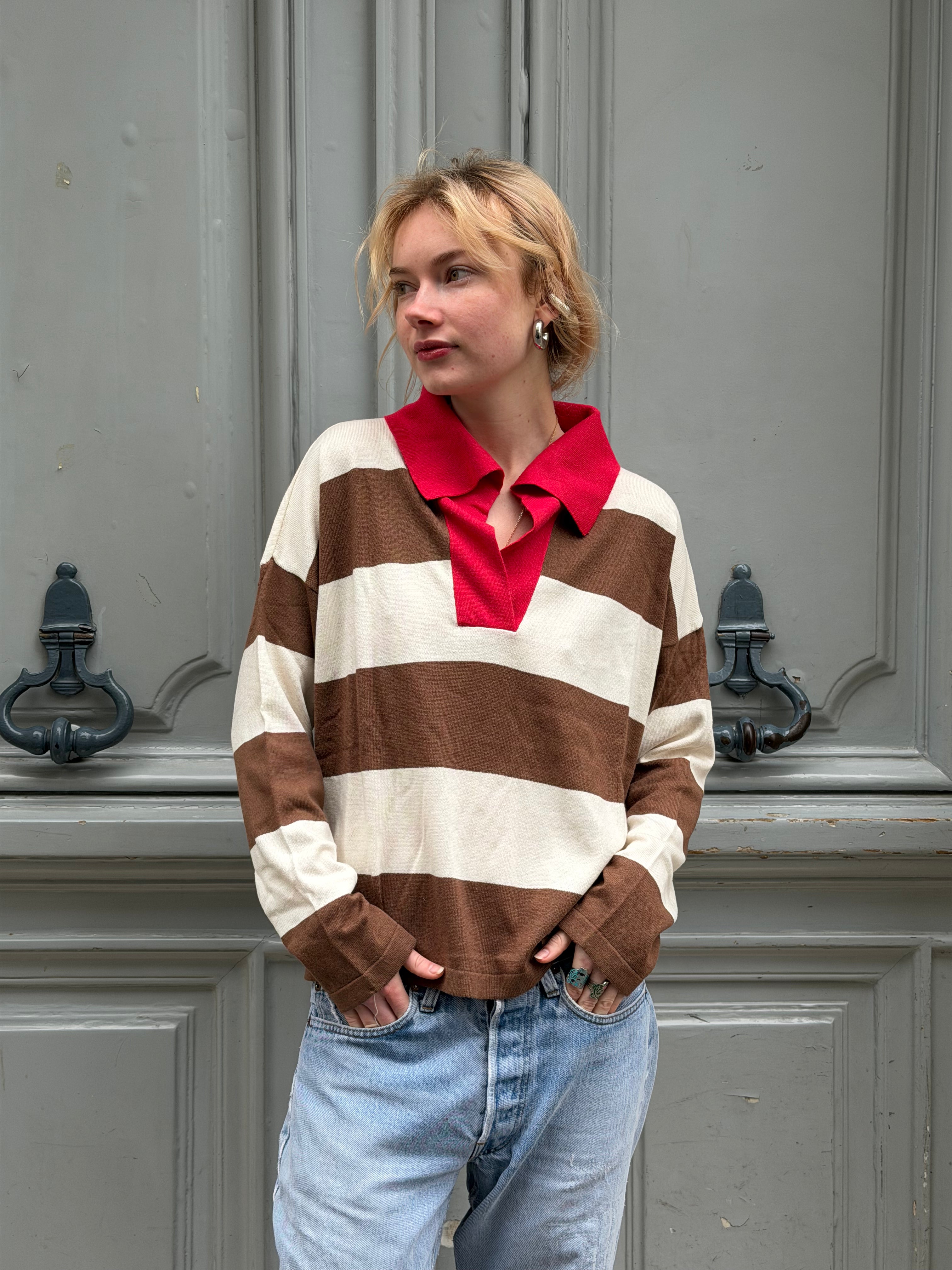Polo rayé marron et blanc
