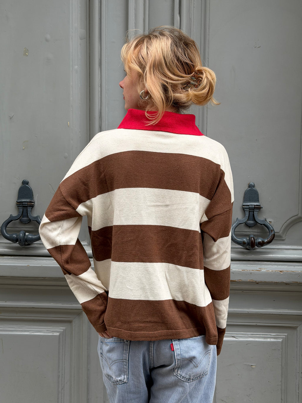 Polo rayé marron et blanc
