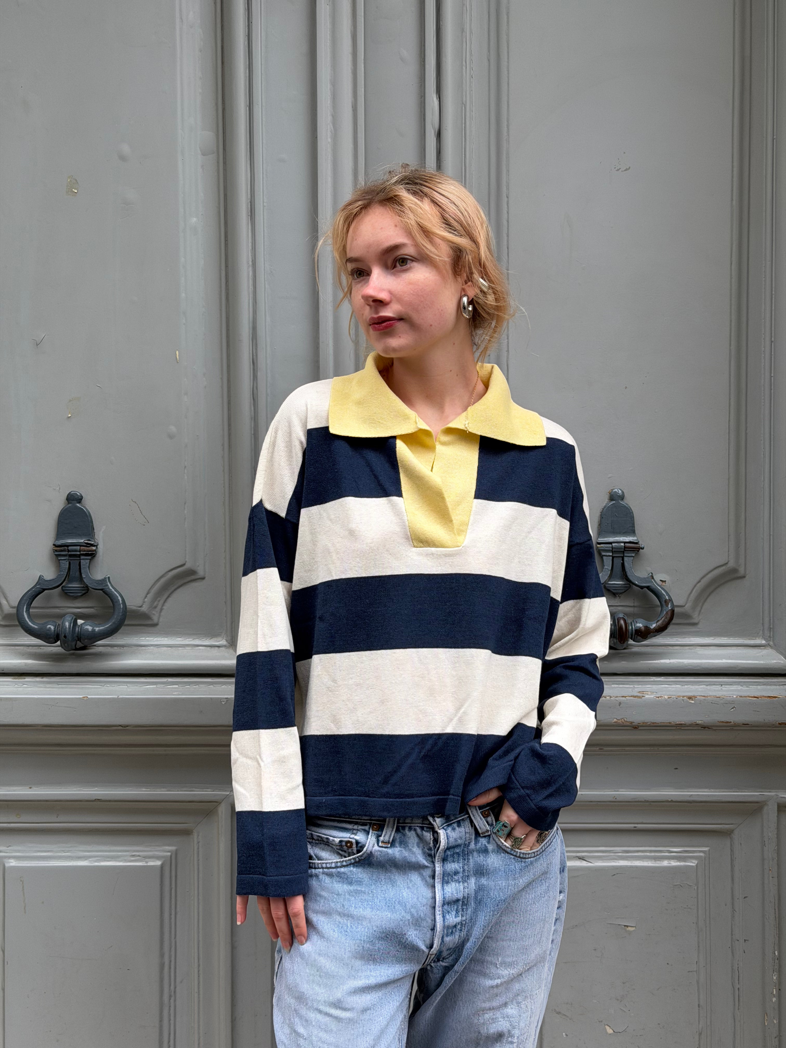 Polo rayé marine et blanc