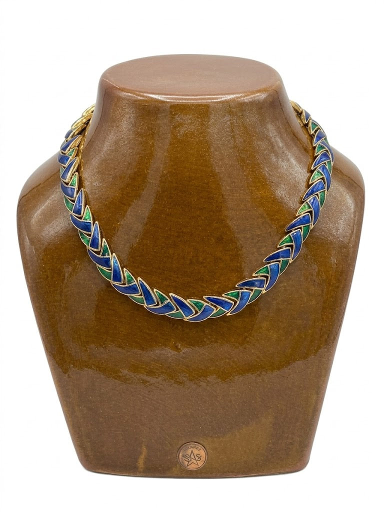Collier vintage émaillé bleu et vert