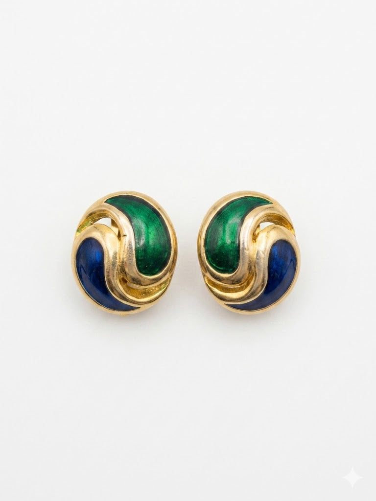 Boucles d’oreilles vintage clips émaillées bleu et vert