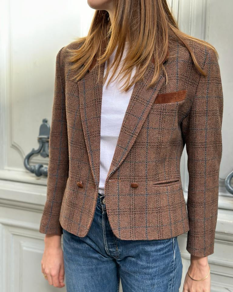 Veste en laine croisée carreaux Marron