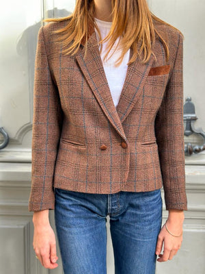 Veste en laine croisée carreaux Marron