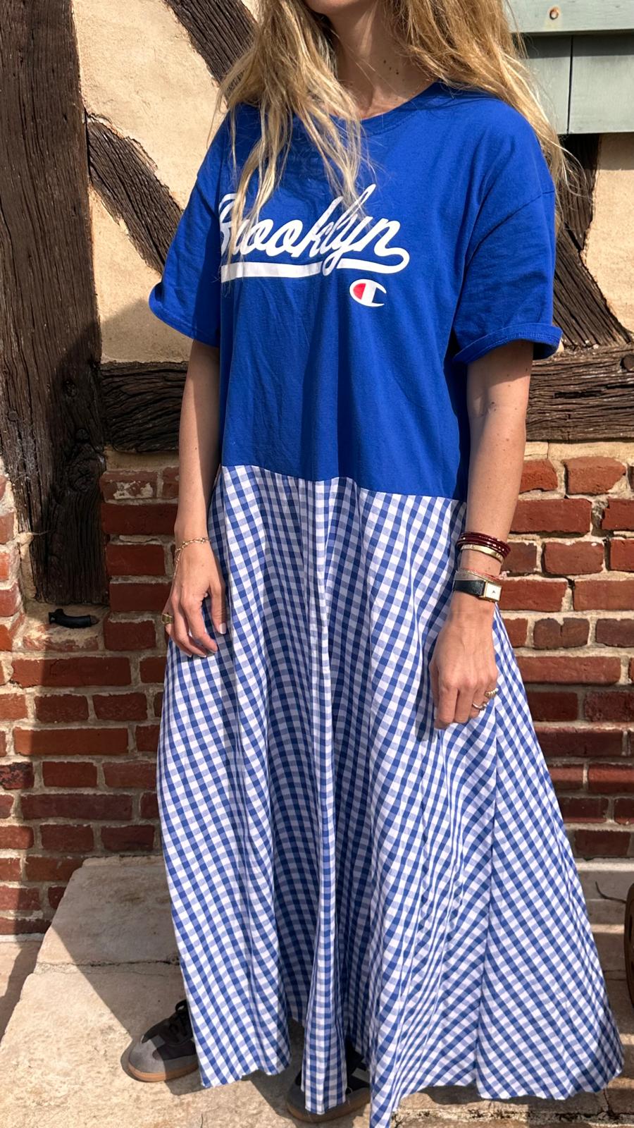 Robe upcyclée Brooklyn bleu et vichy