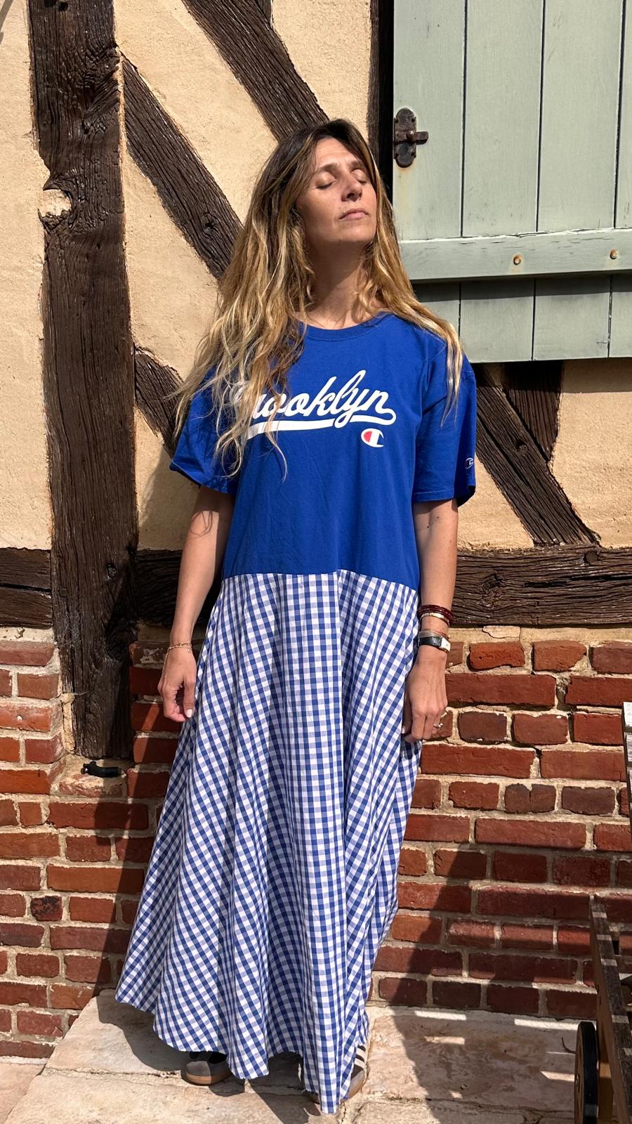 Robe upcyclée Brooklyn bleu et vichy